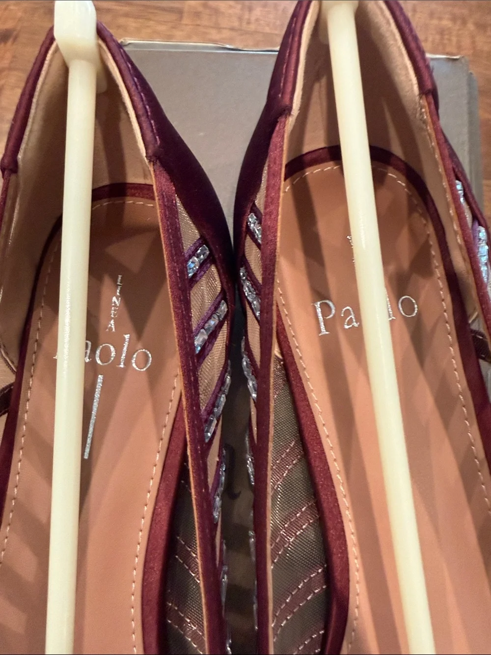 Paolo Burgundy Pointed-Toe Mesh Flats with Bead Stripes